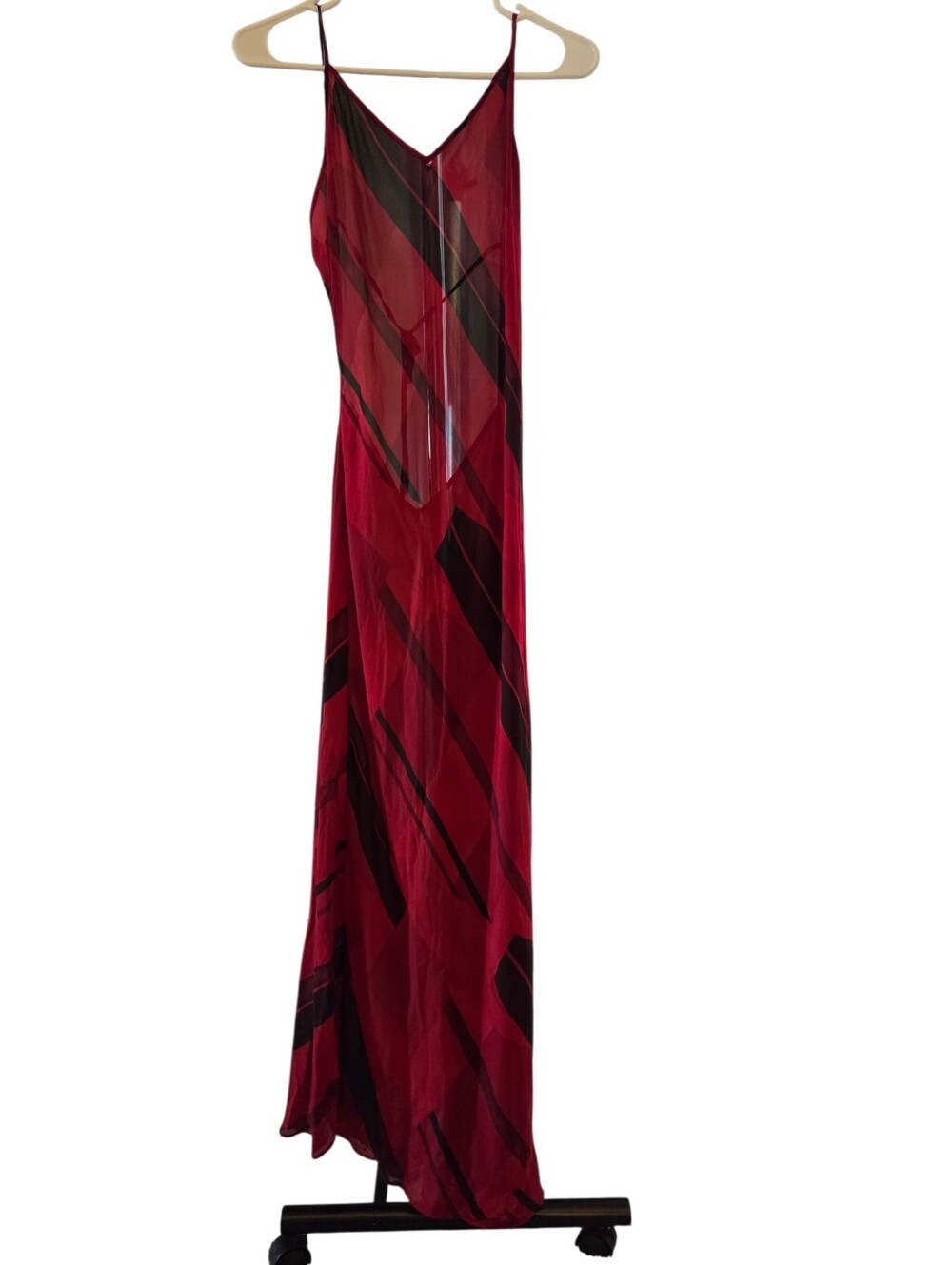 Y2K Victoria’s Secret 100% Silk Sheer Red Black Vintage Maxi Slip Dress 2000 M